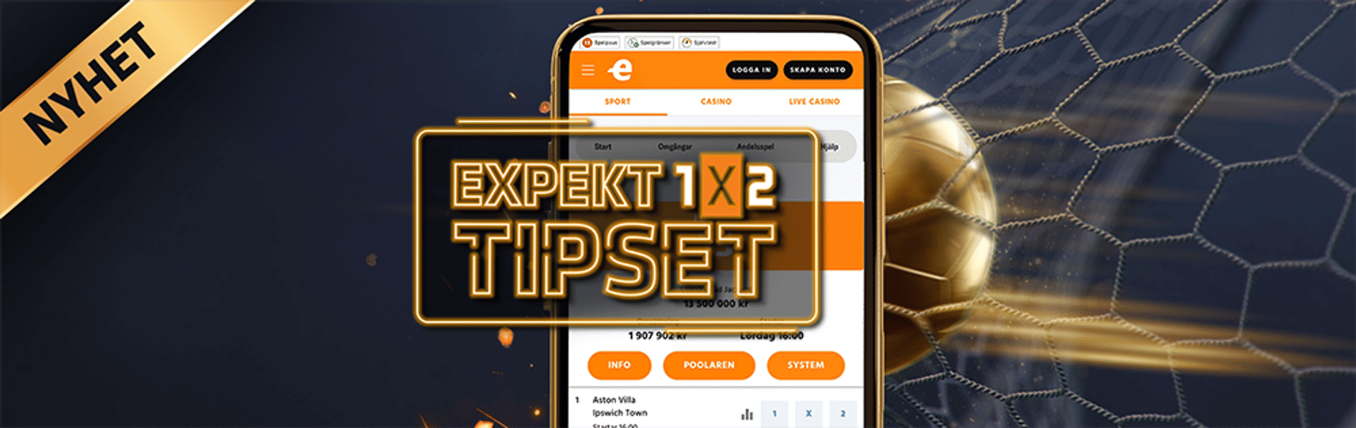 Expekt 1X2 Tips på en mobilskärm med en fotboll i bakgrunden. Nyhet.